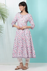 Women's Floral Glitter Printed Cotton Anarkali Kurta