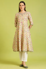 Women's Yellow Glitter Floral Printed Pure Cotton Flared Kurta