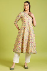 Women's Yellow Glitter Floral Printed Pure Cotton Flared Kurta