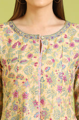 Women's Yellow Glitter Floral Printed Pure Cotton Flared Kurta