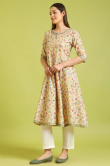 Women's Yellow Glitter Floral Printed Pure Cotton Flared Kurta