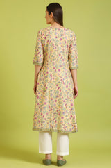 Women's Yellow Glitter Floral Printed Pure Cotton Flared Kurta