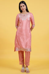Women's Pink Printed Shantung Straight Kurta