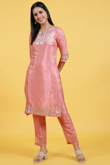 Women's Pink Printed Shantung Straight Kurta