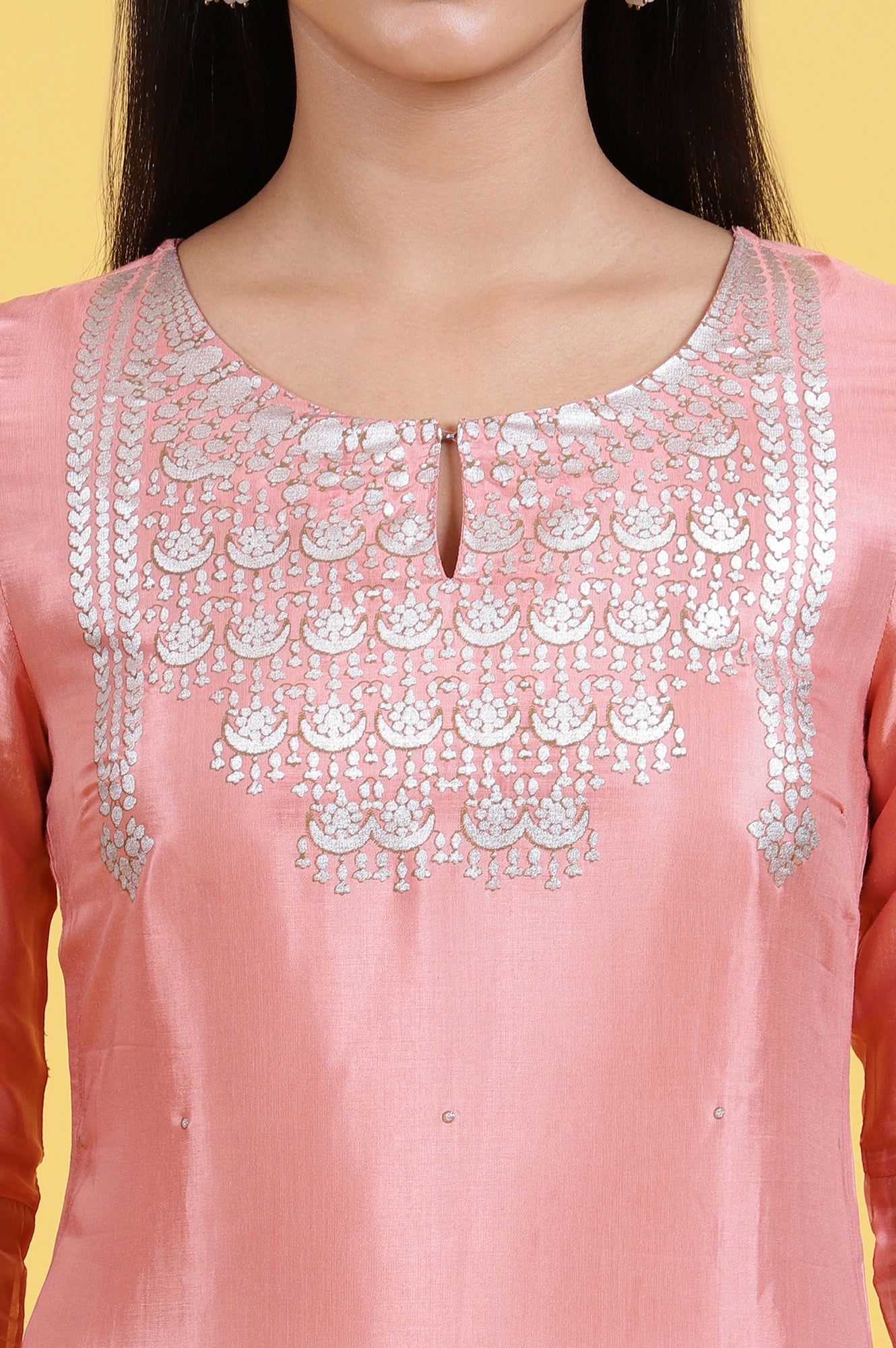 Women's Pink Printed Shantung Straight Kurta