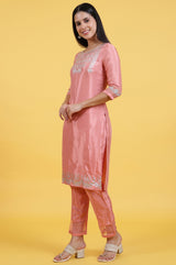 Women's Pink Printed Shantung Straight Kurta