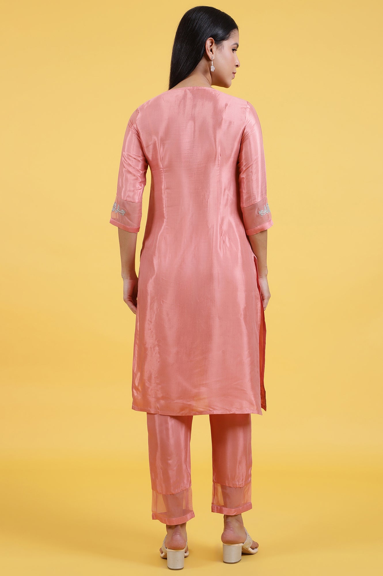 Women's Pink Printed Shantung Straight Kurta