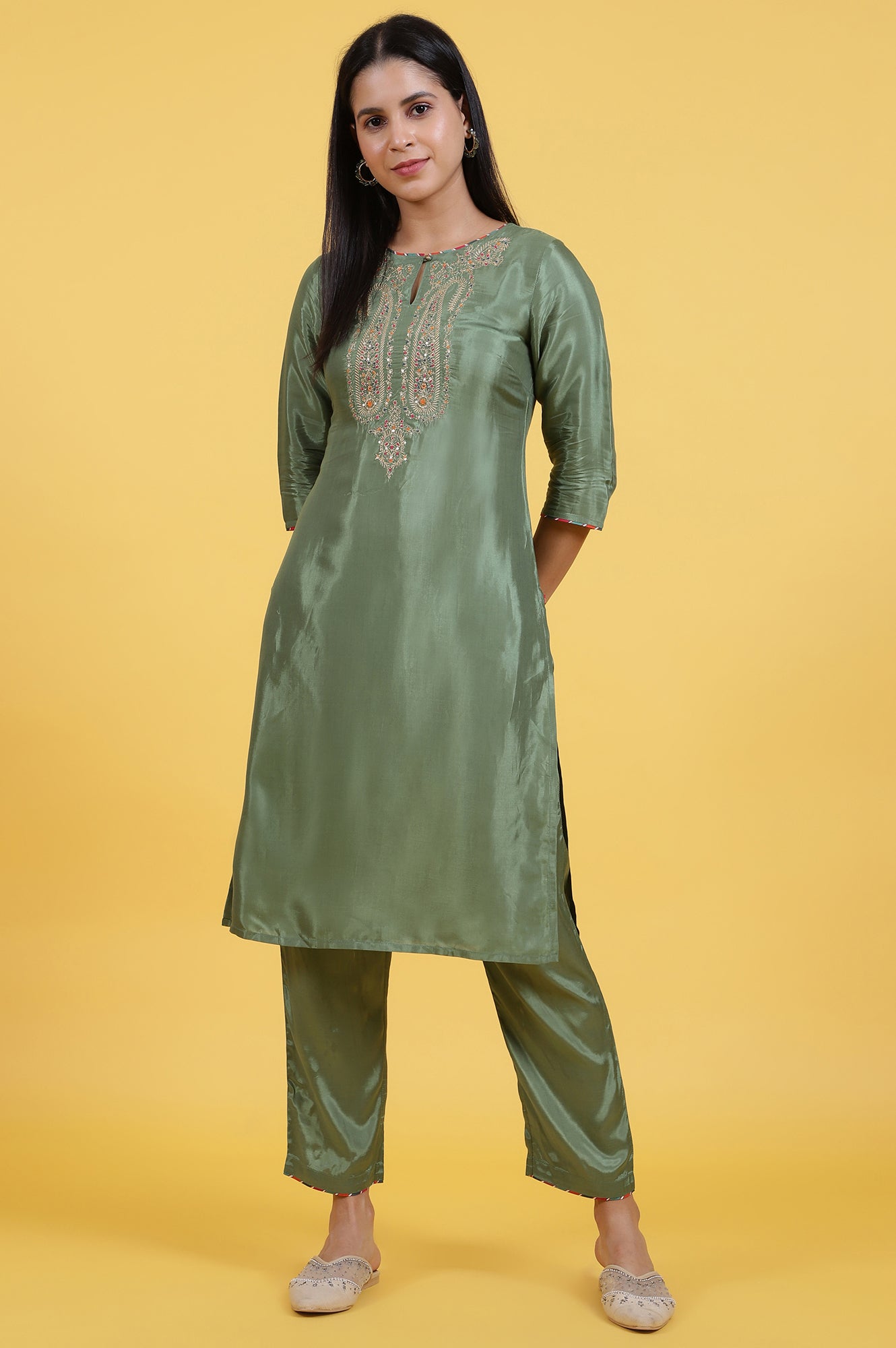 Women's Solid Embroidered Shantung Straight Kurta