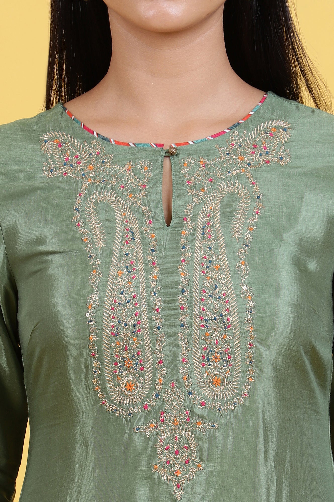 Women's Solid Embroidered Shantung Straight Kurta