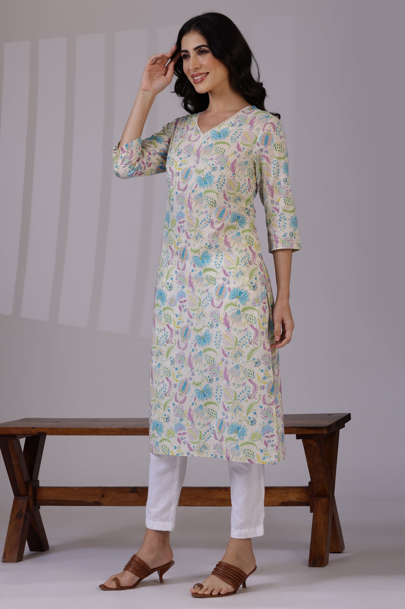 Women's Floral Printed Cotton Straight Kurta
