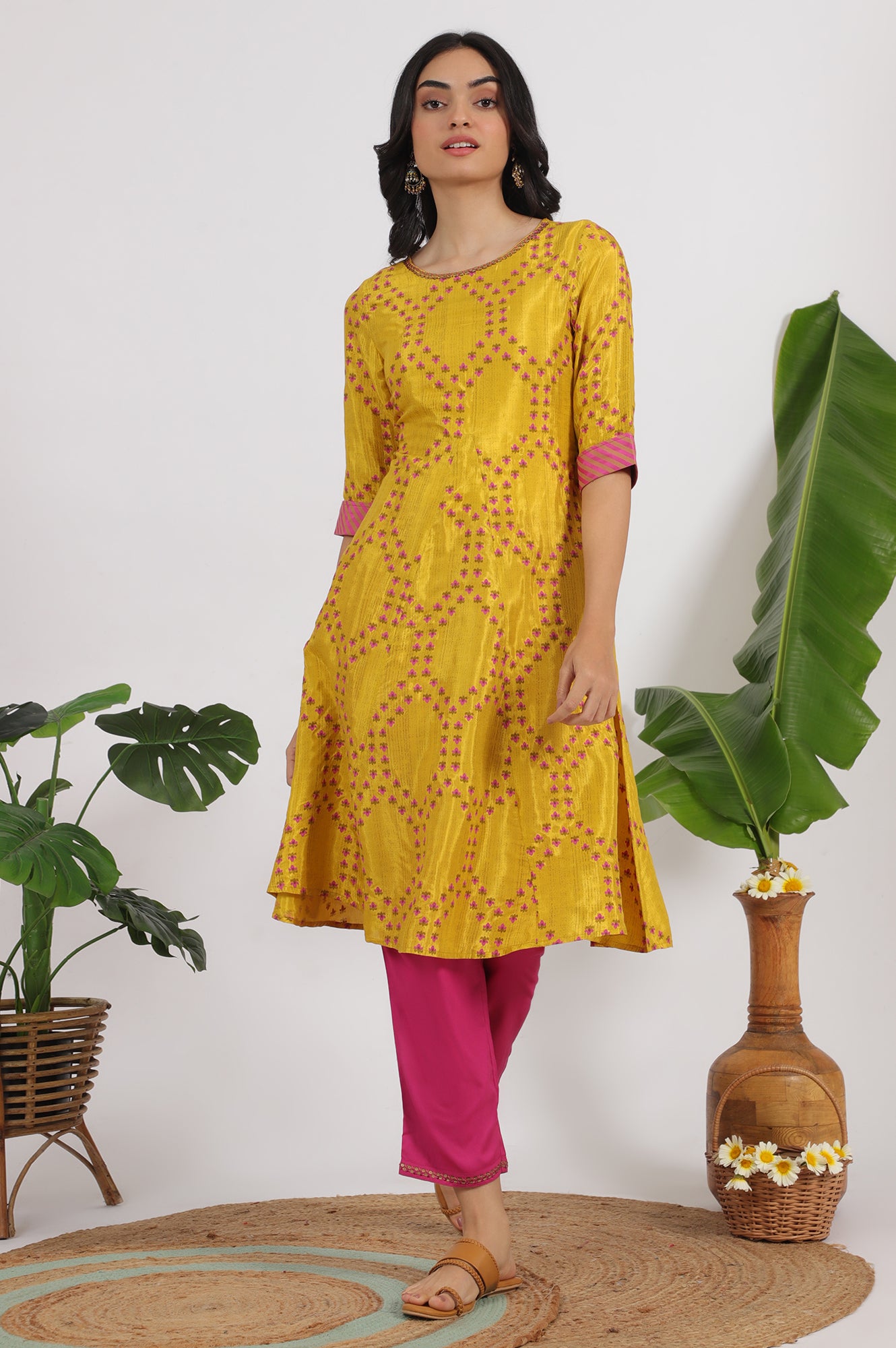 Women's Floral Printed Shantung Flared Kurta