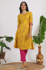 Women's Floral Printed Shantung Flared Kurta