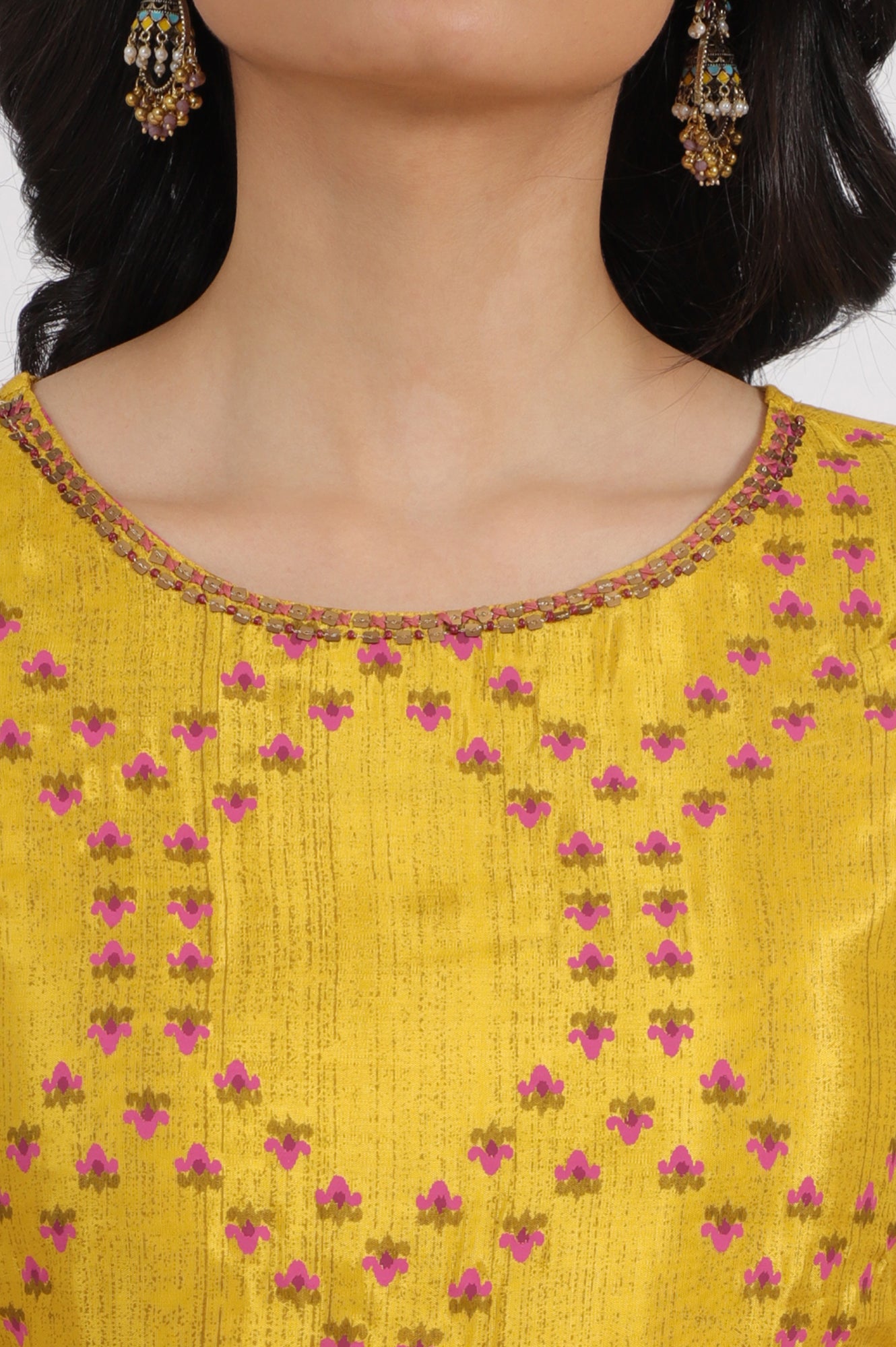 Women's Floral Printed Shantung Flared Kurta