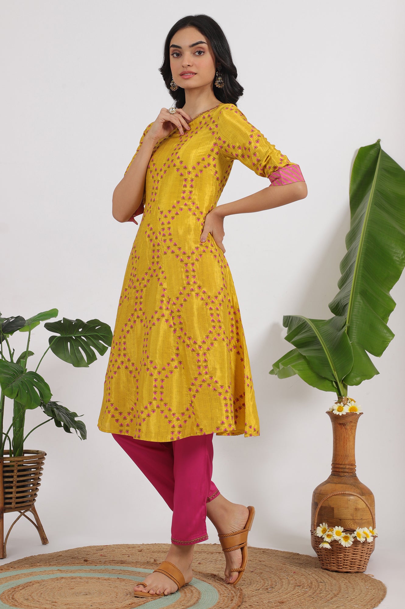 Women's Floral Printed Shantung Flared Kurta