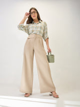 Women's Beige Work Wide Leg Solid Trouser