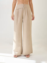 Women's Beige Work Wide Leg Solid Trouser