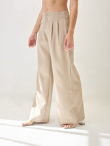 Women's Beige Work Wide Leg Solid Trouser