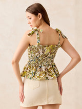 Women's Multicolor Tiedup Smocked Top White Base Print