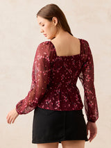 Women's Maroon Printed Smocked Top