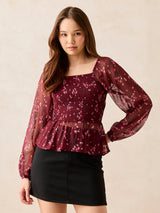 Women's Maroon Printed Smocked Top
