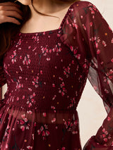 Women's Maroon Printed Smocked Top