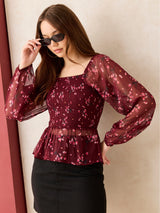 Women's Maroon Printed Smocked Top