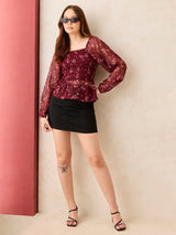 Women's Maroon Printed Smocked Top