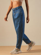 Women's Med Blue Casual Tapered Fit Solid Jeans