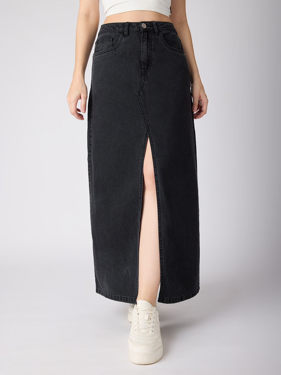Women's Grey Casual Straight Fit Solid Skirt