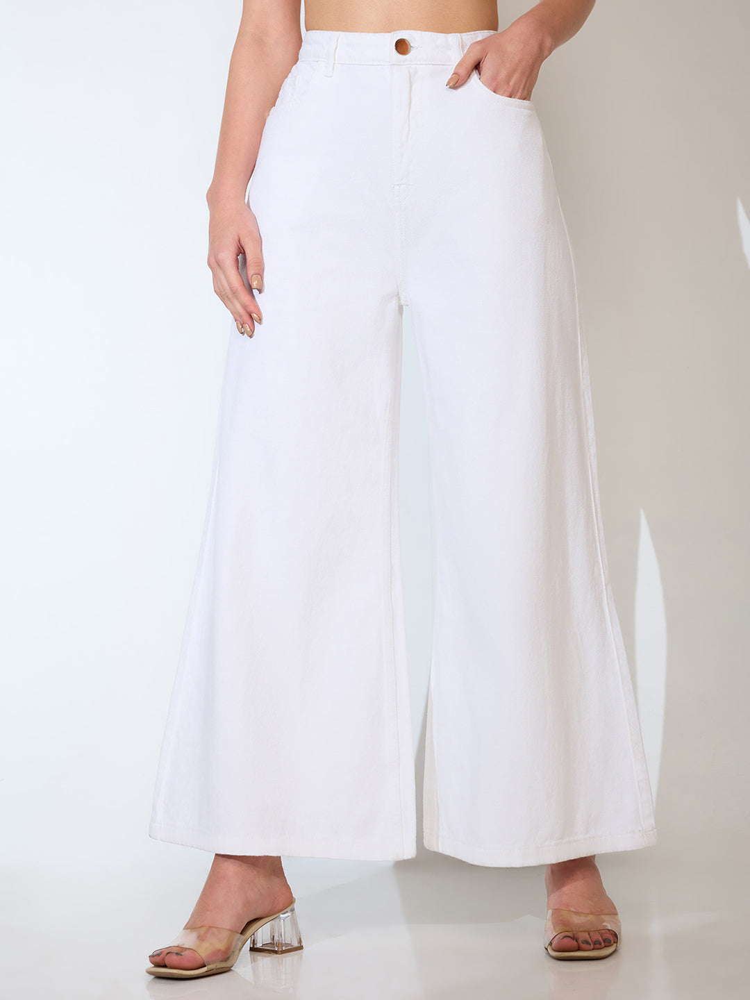 Women's White Casual Flared Fit Solid Jeans
