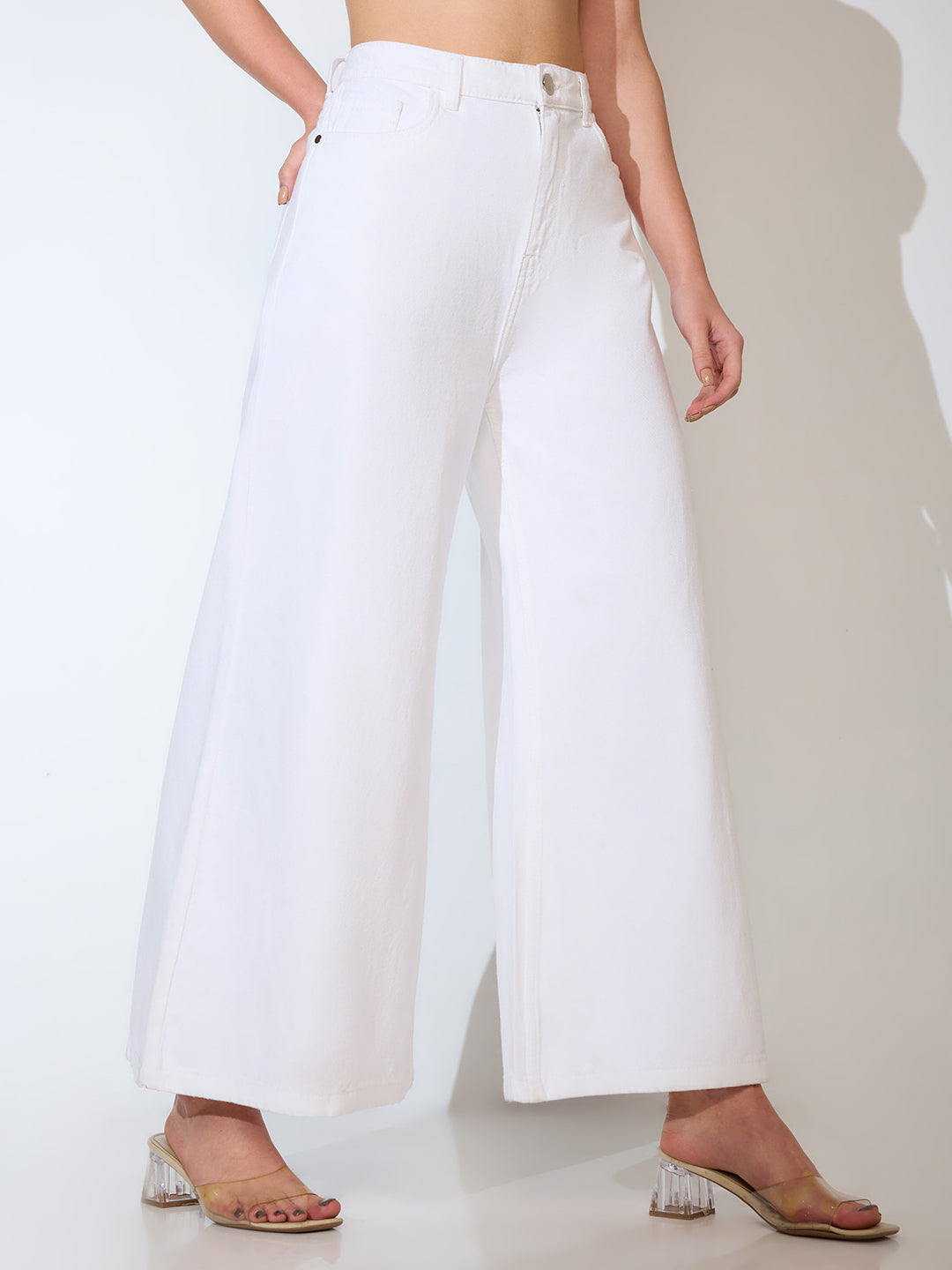 Women's White Casual Flared Fit Solid Jeans