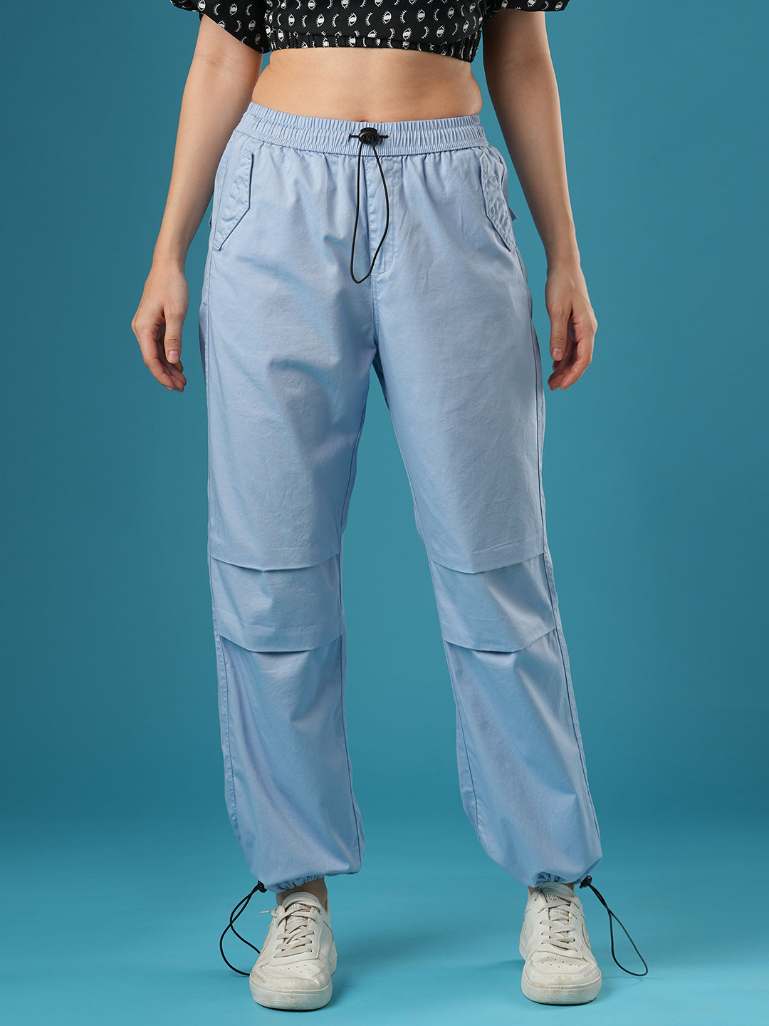 Women's Powder Blue Mid-Rise Relaxed Fit Drawstring Waist Toggles Hem Cargo Trouser