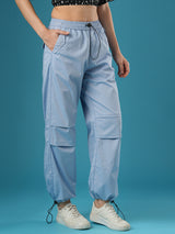 Women's Powder Blue Mid-Rise Relaxed Fit Drawstring Waist Toggles Hem Cargo Trouser