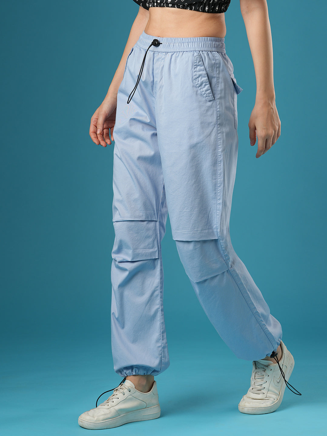 Women's Powder Blue Mid-Rise Relaxed Fit Drawstring Waist Toggles Hem Cargo Trouser