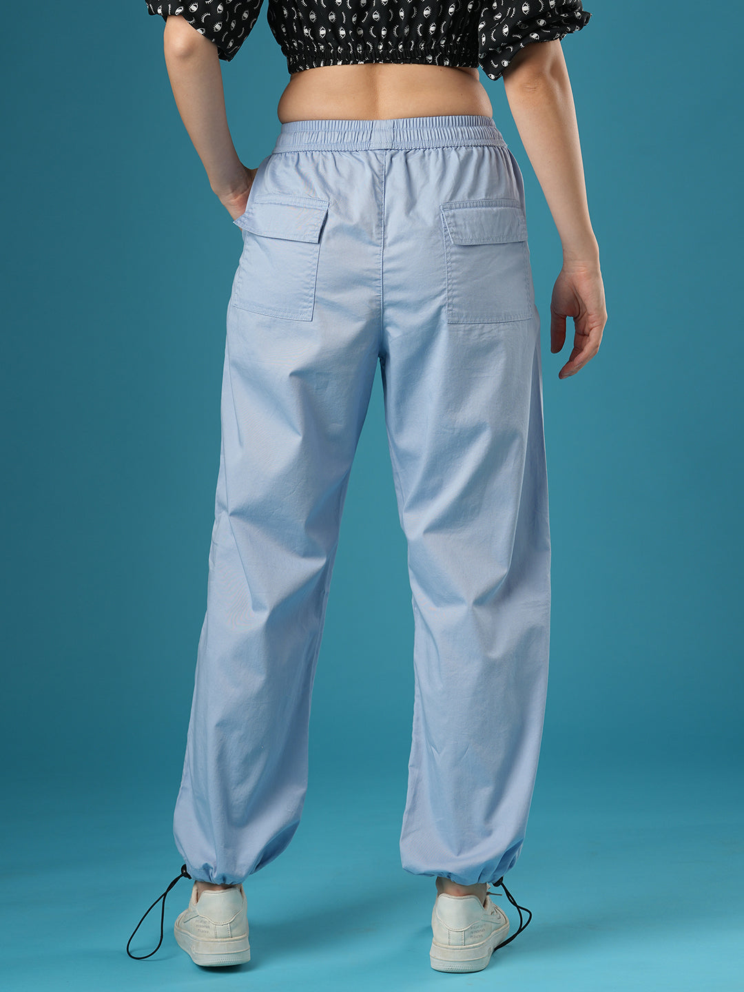 Women's Powder Blue Mid-Rise Relaxed Fit Drawstring Waist Toggles Hem Cargo Trouser