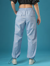 Women's Powder Blue Mid-Rise Relaxed Fit Drawstring Waist Toggles Hem Cargo Trouser