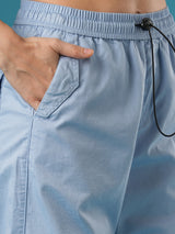 Women's Powder Blue Mid-Rise Relaxed Fit Drawstring Waist Toggles Hem Cargo Trouser