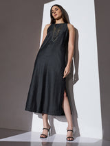 Women's Black Casual Solid Round Neck A-Line Dress