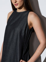 Women's Black Casual Solid Round Neck A-Line Dress