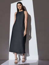 Women's Black Casual Solid Round Neck A-Line Dress