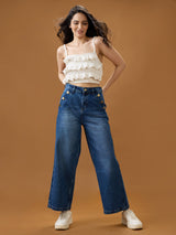 Women's Mid Blue Cotton Whiskers Effect Mid-Rise Wide Leg Denim Jeans