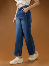 Women's Mid Blue Cotton Whiskers Effect Mid-Rise Wide Leg Denim Jeans