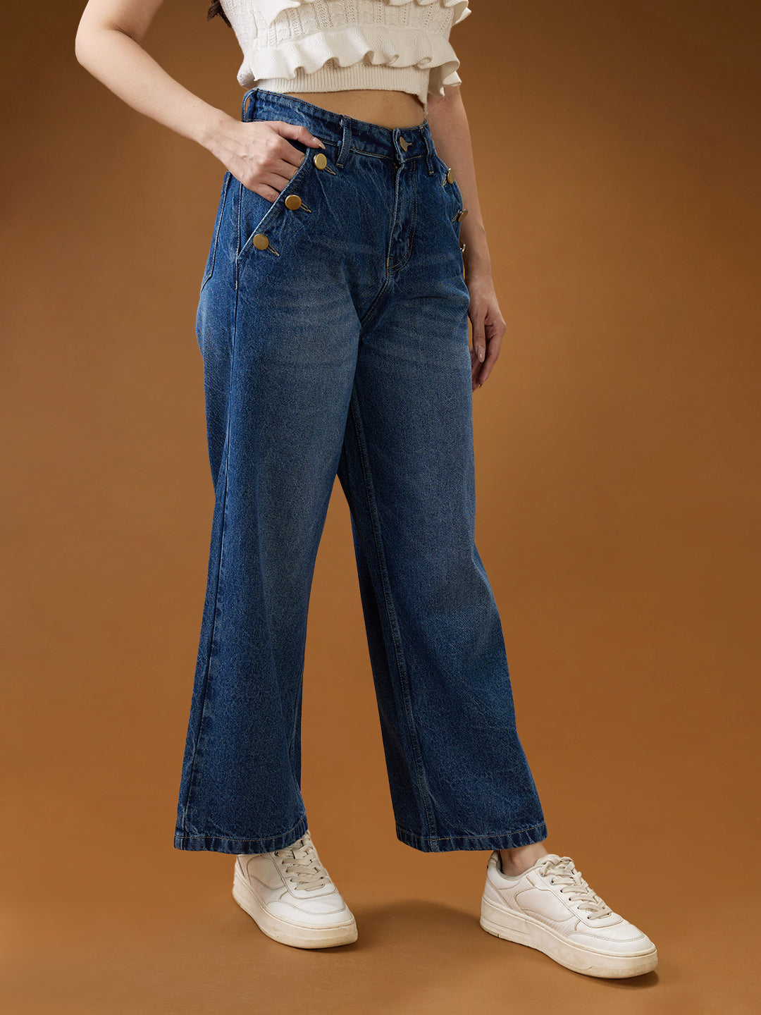 Women's Mid Blue Cotton Whiskers Effect Mid-Rise Wide Leg Denim Jeans