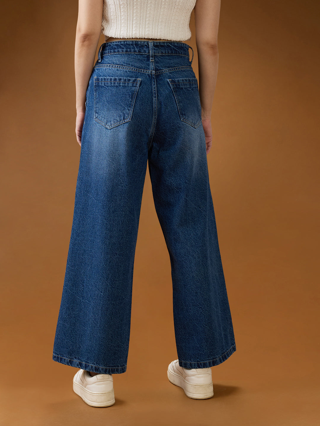 Women's Mid Blue Cotton Whiskers Effect Mid-Rise Wide Leg Denim Jeans