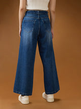 Women's Mid Blue Cotton Whiskers Effect Mid-Rise Wide Leg Denim Jeans