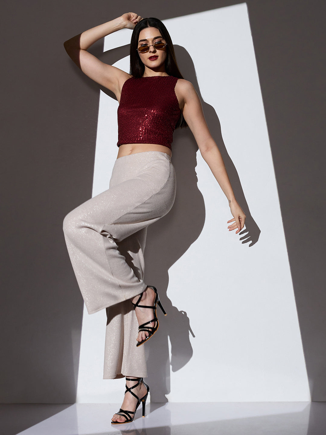 Women's Off White Mid-Rise Self Striped Shimmer Wide Leg Party Trouser