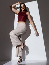 Women's Off White Mid-Rise Self Striped Shimmer Wide Leg Party Trouser