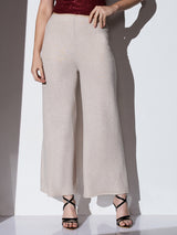 Women's Off White Mid-Rise Self Striped Shimmer Wide Leg Party Trouser