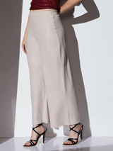 Women's Off White Mid-Rise Self Striped Shimmer Wide Leg Party Trouser