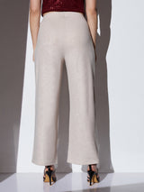 Women's Off White Mid-Rise Self Striped Shimmer Wide Leg Party Trouser